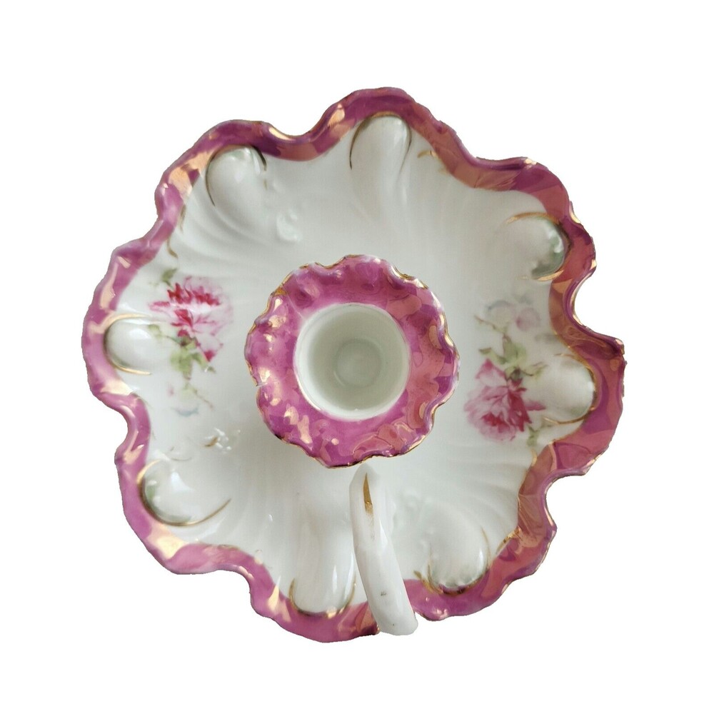 Porcelain Scalloped Candle Holder with Handle White Purple Green Gold Floral